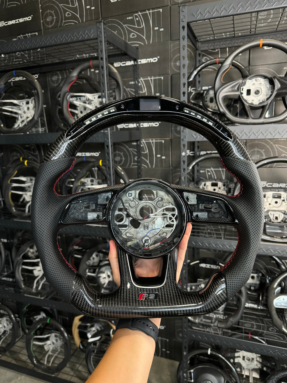 [Media/Test] Audi (2022+ B9 Wheel) - Classic RPM LED - Gloss Carbon - Perforated Leather - Red Stitching - No Stripe (RS Badge)