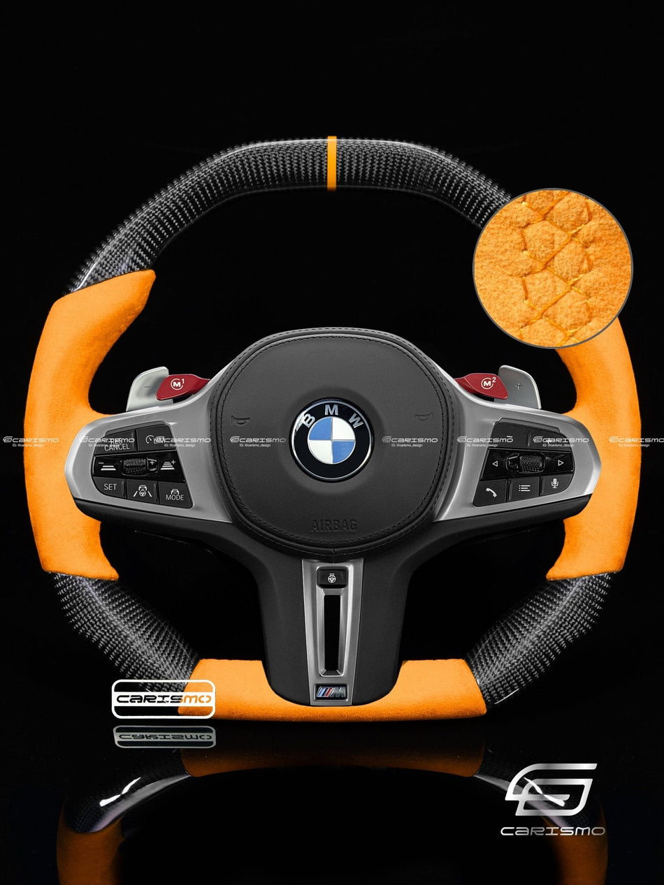 Carismo Steering Wheel For BMW G-Series (M Performance Wheel) - Signature - Gloss Carbon - Orange Alcantara