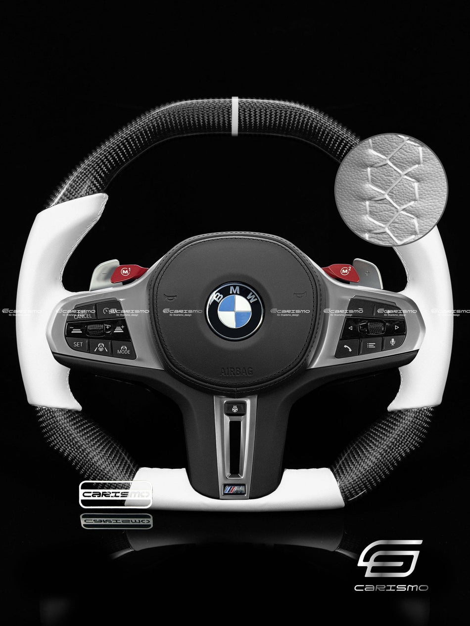 Carismo Steering Wheel For BMW G-Series (M Performance Wheel) - Signature - Gloss Carbon - White Smooth Leather